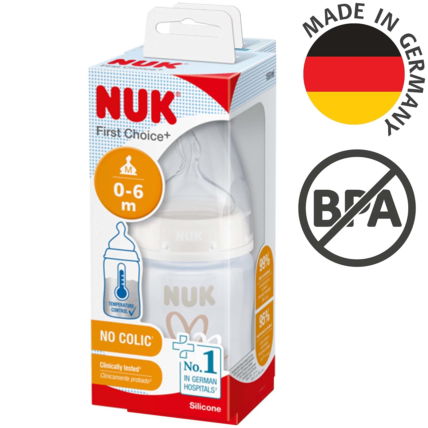 NUK First Choice+ Baby Bottle, 0 - 6 Months, Temperature Control, Silicone Teat, Anti - Colic Valve, BPA - Free, 150 ml - Adenzo Comfies