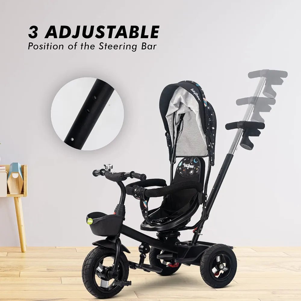 BB-228 Children’s Tricycle for Toddlers, Black, Durable Three-Wheel Ride-On Bike with Safety Seat, Music Function, and Push Handle – Ages 1–4 Years - Adenzo Comfies