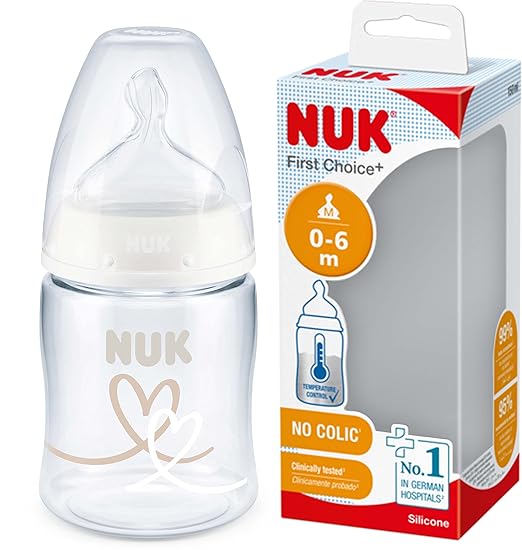 NUK First Choice+ Baby Bottle, 0 - 6 Months, Temperature Control, Silicone Teat, Anti - Colic Valve, BPA - Free, 150 ml - Adenzo Comfies