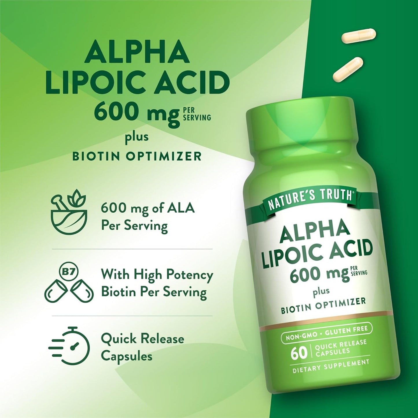 Nature's Truth Alpha Lipoic Acid 600mg | plus Biotin Optimizer | 60 Capsules | Non-GMO & Gluten Free Supplement