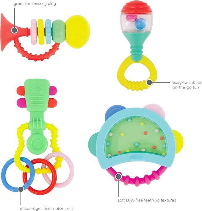 INFANTINO Baby's 1st Teethe and Play Music Set - Baby Essentials 4 Piece Gift Set, Instrument Themed teethers and rattles for Sensory Stimulation and Motor Development, BPA Free