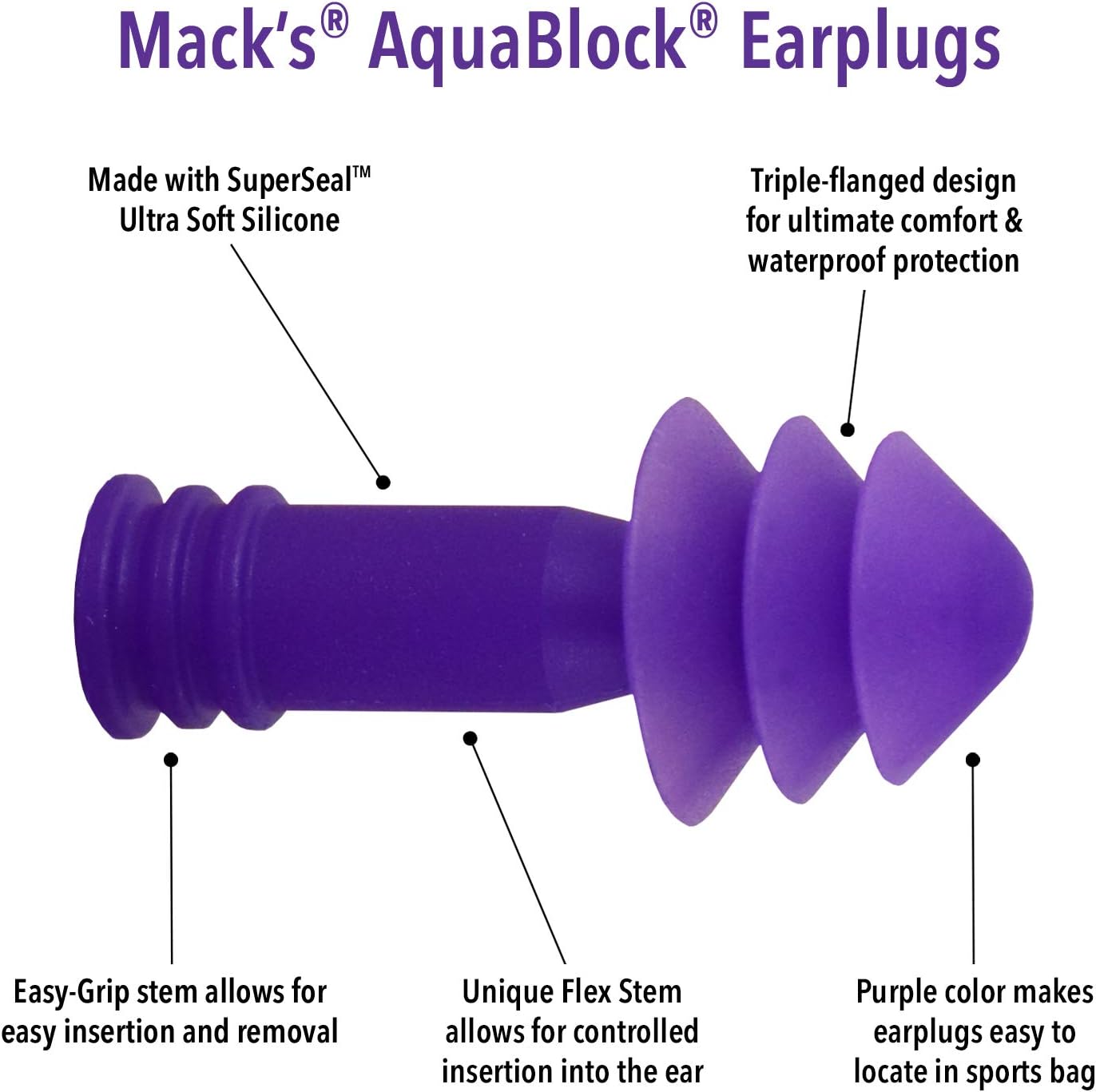 Mack's Aqua Block Ear Plugs (1 Pair) - Purple