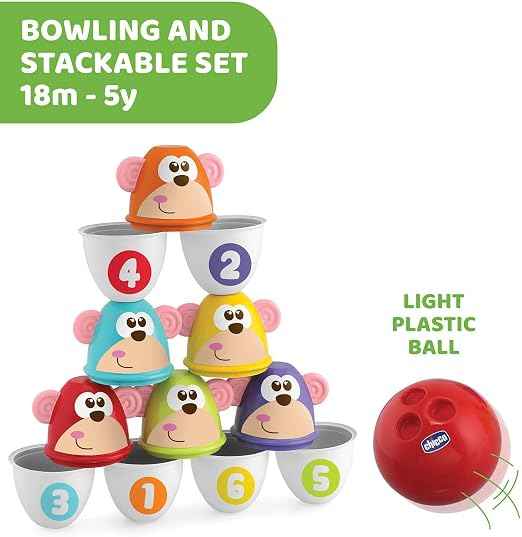 Chicco Monkey Strike Kids Bowling Pin Set - Skittles Game for Kids with 6 Separable Pins, Stackable in 12 Pieces, Light Ball Included - Bowling Skittles Toys, Gifts for Children 18 Months to 8 Years