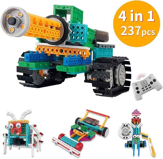 Stem Intelligent Variety Blocks, Toy Building Blocks, 4 in1 Deformation Robot, DIY 3D Puzzle, 237 Piece Electric Toy, Tank, Robot Kit, Robot Car, RC Car, Battle Tank, Mini Four 4WD, Knight, Buildable, Science Toy, Boy's Toy, Battery Powered Motor