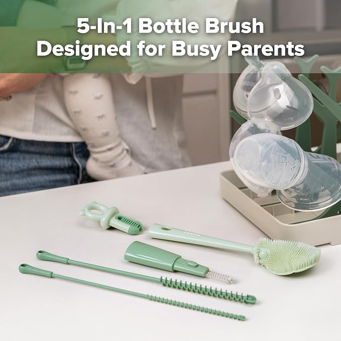 Haakaa 5-in-1 Cleaning Brush Set – Baby Bottle Brush & Bottle Brush Cleaner, Multi-Purpose 360° Comprehensive Cleaning for Breast Pumps, Breast Milk Collector, Baby Bottles, Nipples ,Straw – Portable. - Adenzo Comfies