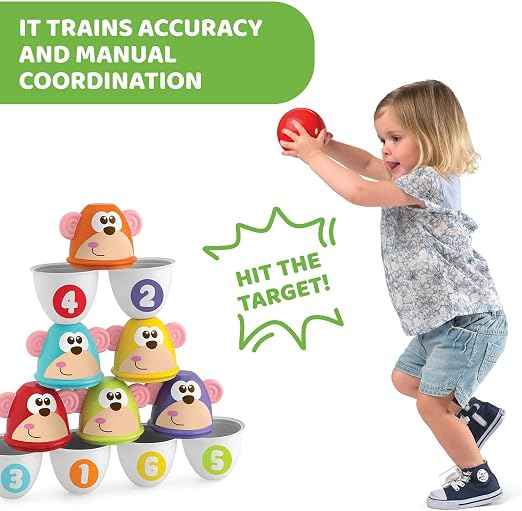 Chicco Monkey Strike Kids Bowling Pin Set - Skittles Game for Kids with 6 Separable Pins, Stackable in 12 Pieces, Light Ball Included - Bowling Skittles Toys, Gifts for Children 18 Months to 8 Years