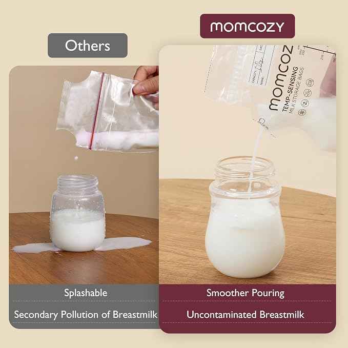 Momcozy 8oz Breastmilk Storage Bags,Temp-Sensing & Pour Spout,8 Count | Temp-Sensing Color Change, Milk Bags with Pour Spout, Self Standing,No Leak Presterilized
