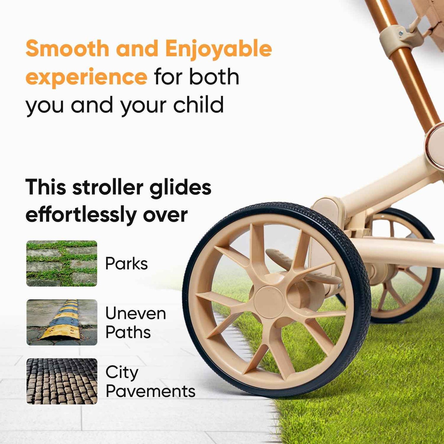 Baby Stroller for 2-7 Years |Safety Harness|Lightweight Travel Stroller with Wide Seat, Big Wheels, Compact Fold, High Weight Capacity, Adjustable Sunshade|Beige & Gold