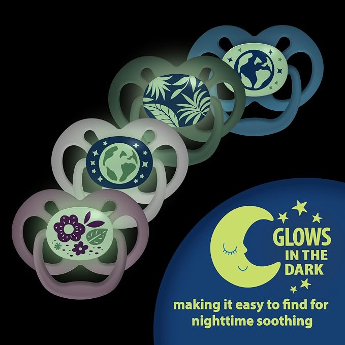 Dr. Brown's Advantage Glow-in-the-Dark Baby Pacifier, Fully Symmetrical Soother with Soft Silicone Bulb, Blue Nature, 6-18m, BPA Free, 2 Pack. - Adenzo Comfies