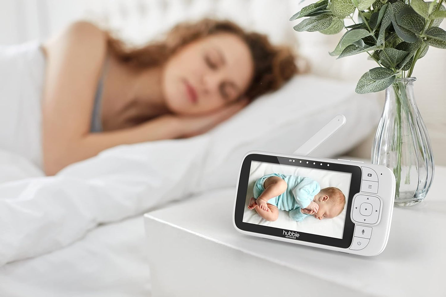 Hubble Nursery View Premium 5 Inch Video Baby Monitor with Room Temperature Sensor, Two Way Talk, Digital Zoom, Soothing Nature Sounds - White