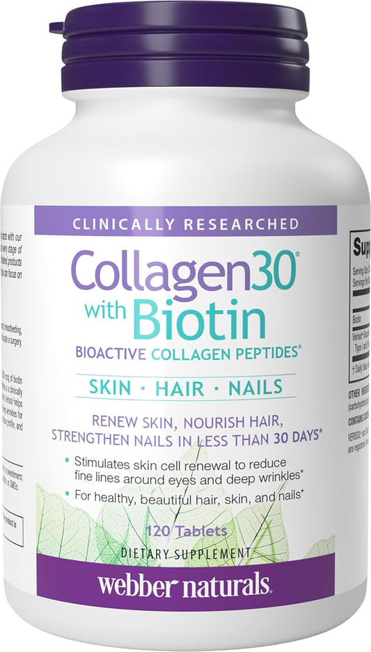 Webber Naturals Collagen30 with Biotin, 2,500 mg of Bioactive Collagen Peptides with 5,000 mcg of Biotin Per Serving, 120 Tablets, For Advanced Nourishment of Skin, Hair and Nails, Dairy & Gluten Free