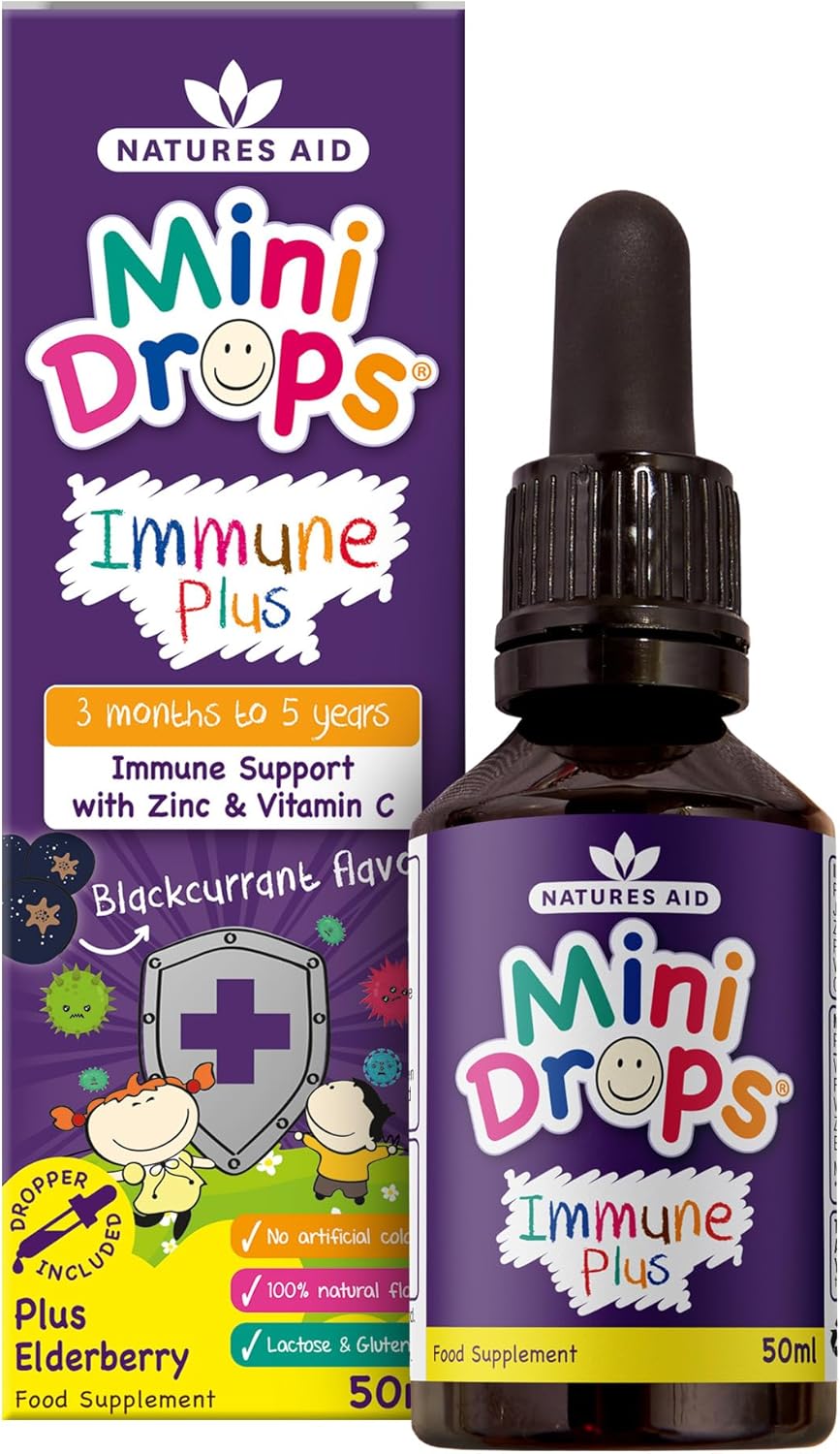 Natures Aid Mini Drops Immune Plus for Kids 50ml - Immune Support with Zinc and Vitamin C - Sugar Free, Vegan, Non-GMO, Natural Supplement for Infants and Children Age 0-5 Years Old - Dropper Included