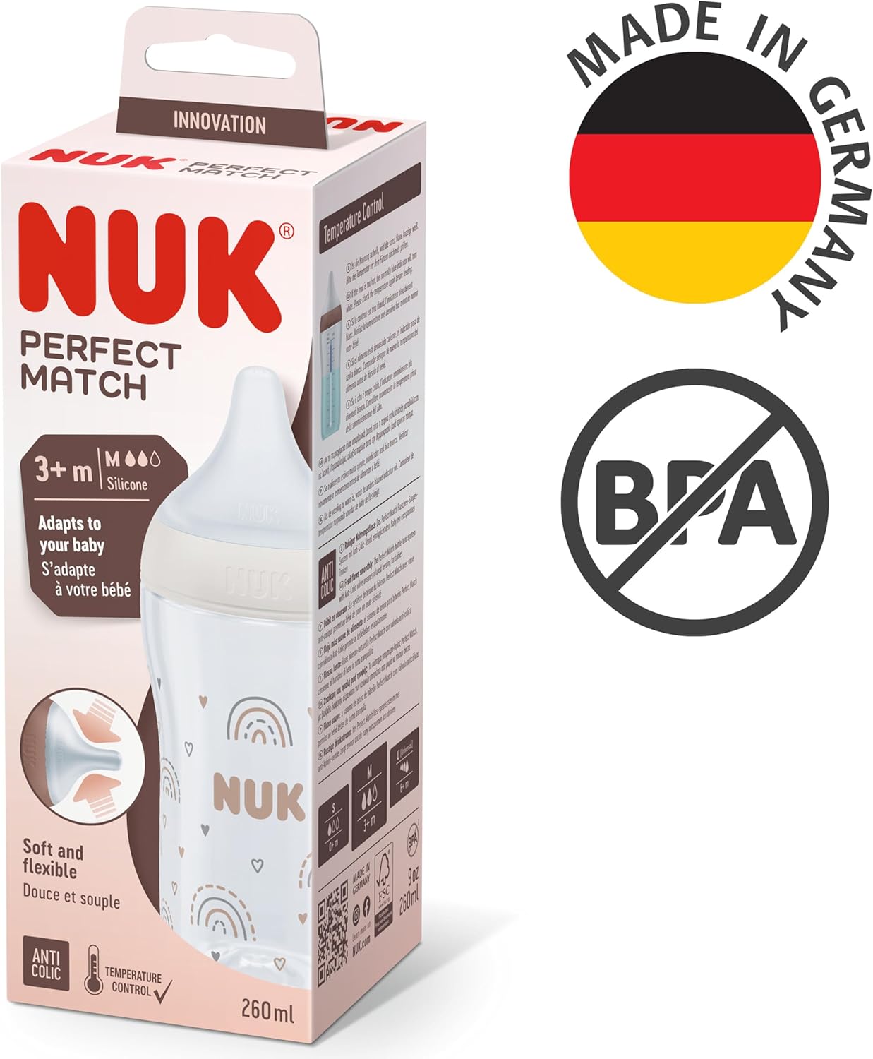 NUK Perfect Match Baby Bottle | 0+ Months | Adapts to Baby's Palate | Temperature Control | Anti Colic Vent | BPA - Free | Small Silicone Teat | Rainbow - Adenzo Comfies