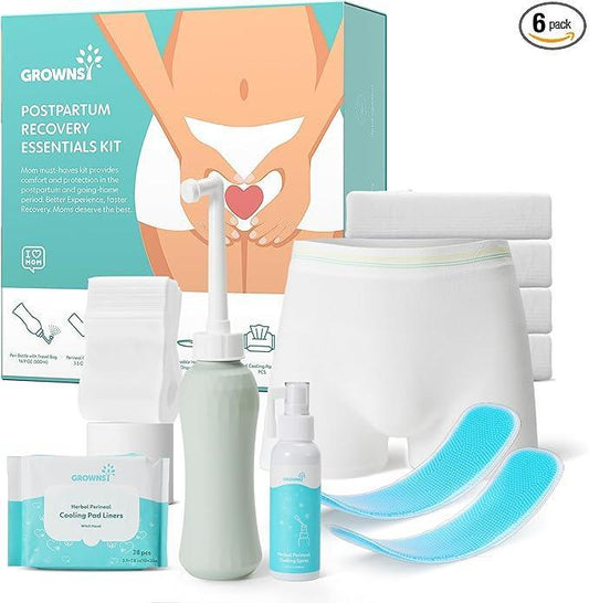 Grownsy Postpartum Essentials Recovery Kit for Labor & Delivery | Postpartum Kit for Women | Includes Upside Down Peri Bottle, Perineal Spray, 28 Cooling Pad Liners,2 Ice Packs &4 Disposable Underwear - Adenzo Comfies