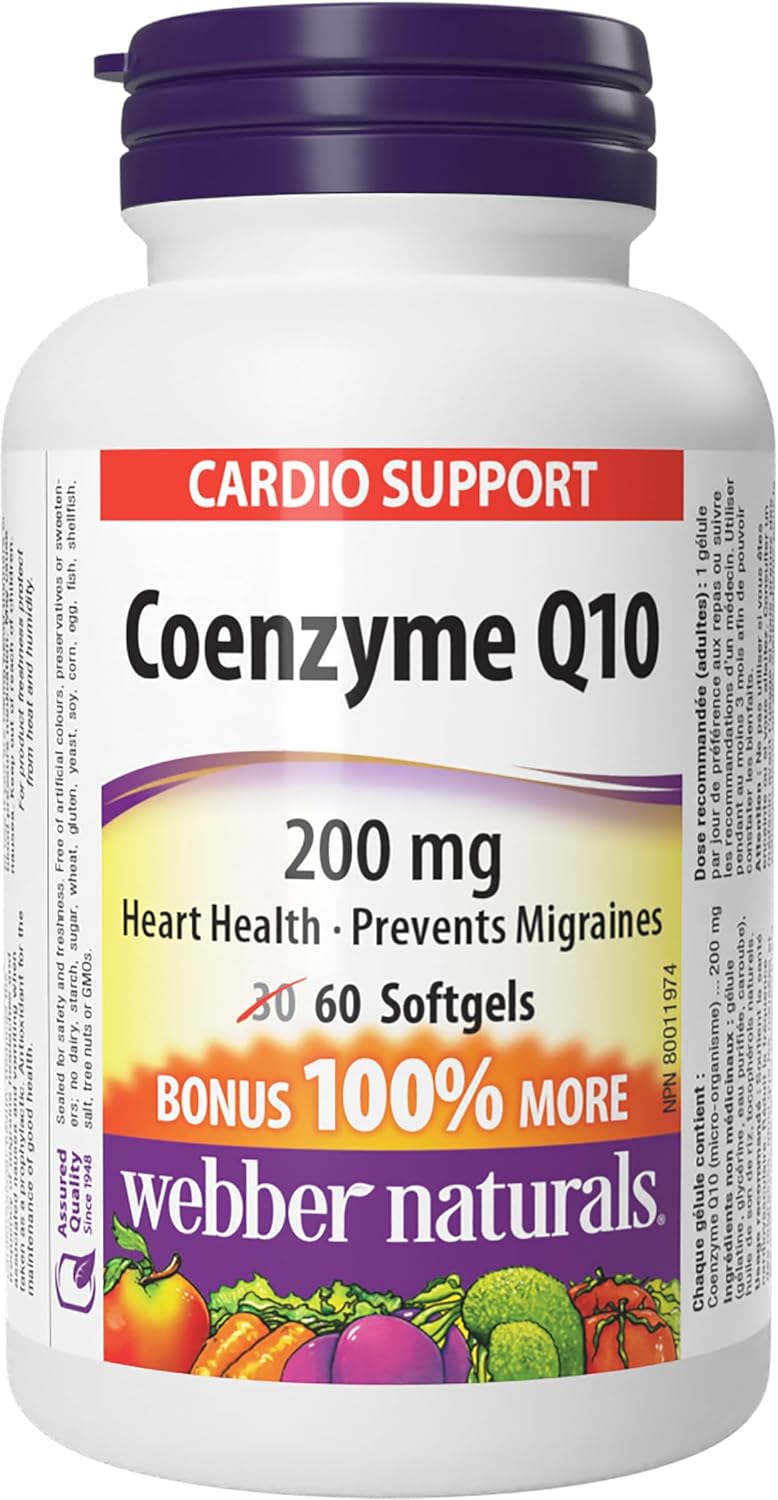 Webber Naturals Coenzyme Q10 (CoQ10) 200 mg, 60 Softgels, High Potency Antioxidant Supplement, for Heart Health and Cellular Energy Production, 60 Day Supply, Gluten Free