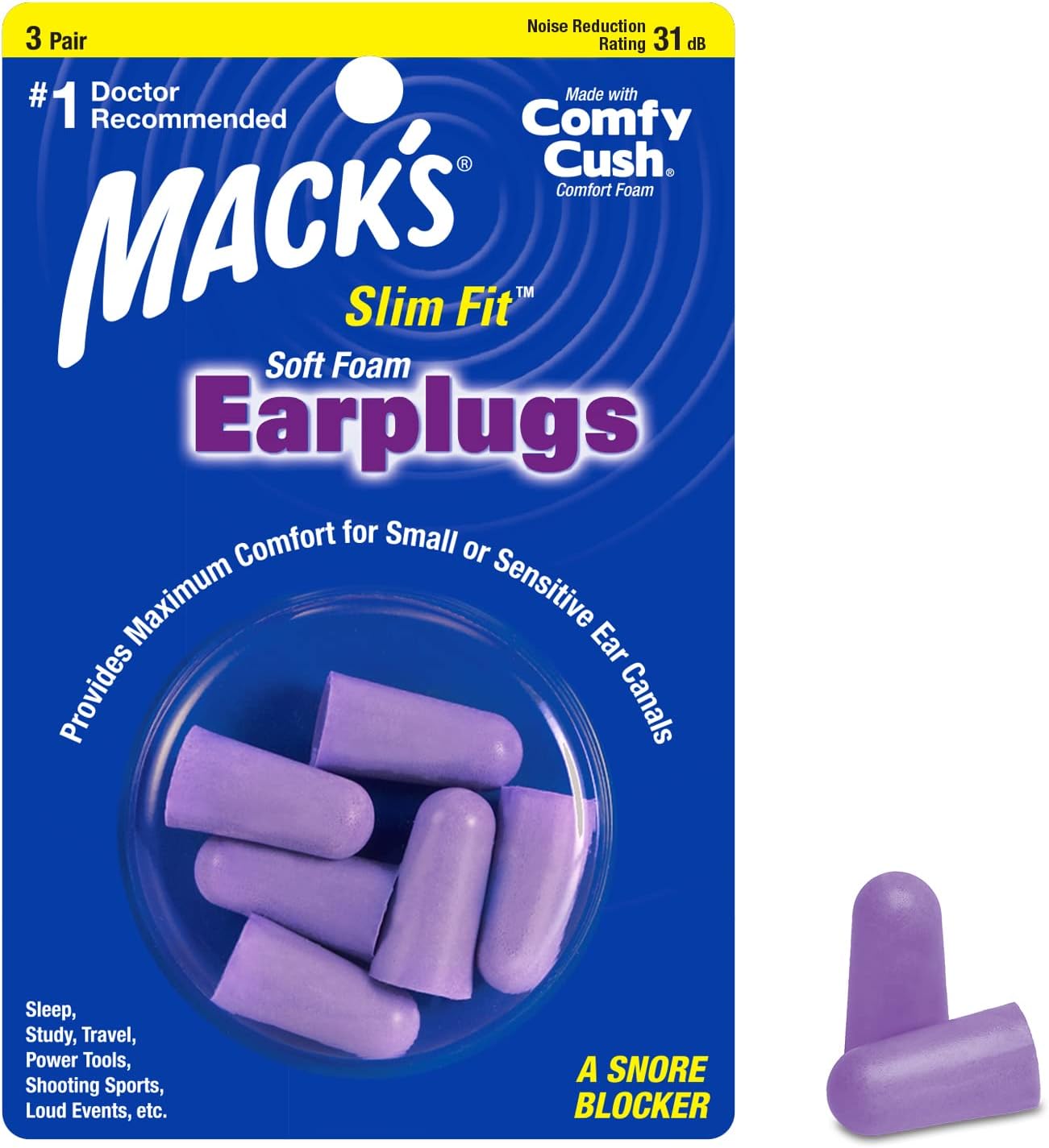 Mack's Slim Fit Soft Foam Earplugs, 3 Pair - Small Ear Plugs for Sleeping, Snoring, Traveling, Concerts, Shooting Sports & Power Tools | Made in USA