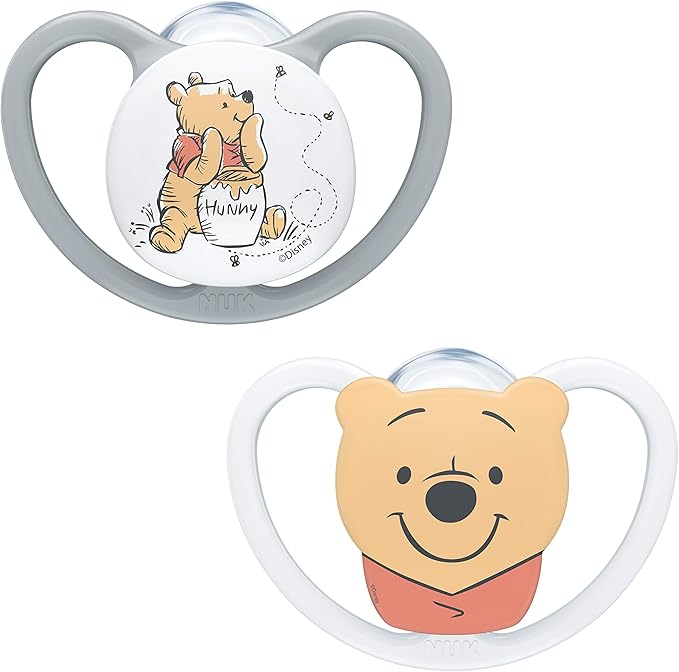NUK Space Baby Dummy | 0 - 6 Months | Soothers with Extra Ventilation for Sensitive Skin| BPA - Free Silicone | Disney Winnie the Pooh | 2 Count - Adenzo Comfies