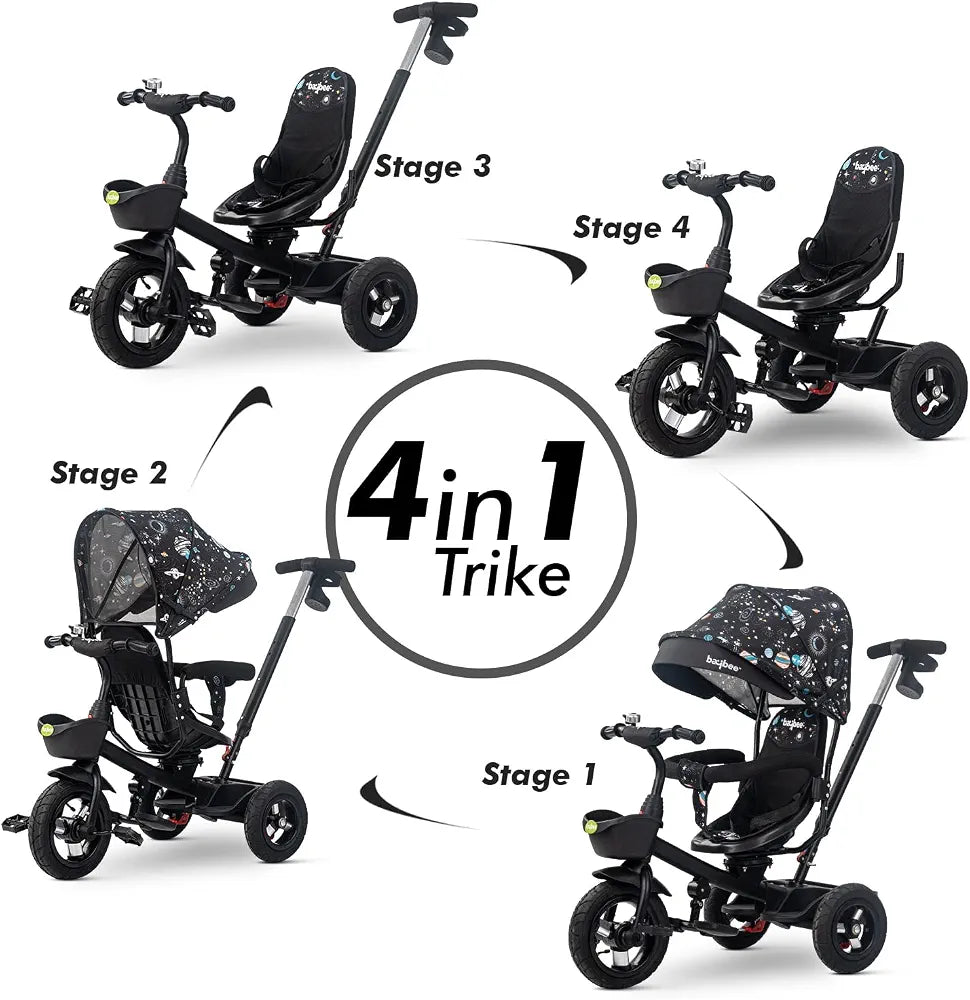 BB-228 Children’s Tricycle for Toddlers, Black, Durable Three-Wheel Ride-On Bike with Safety Seat, Music Function, and Push Handle – Ages 1–4 Years - Adenzo Comfies
