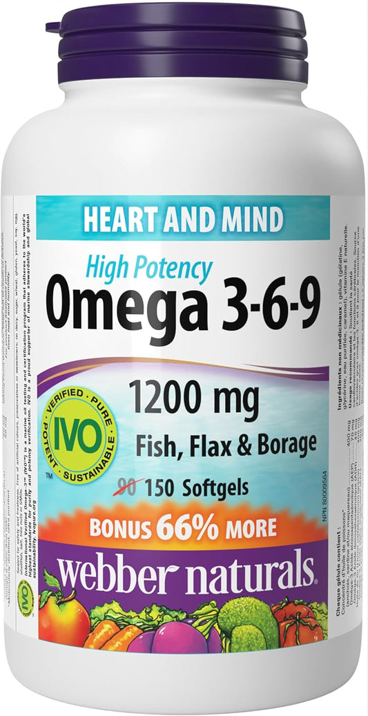 Webber Naturals Omega 3-6-9 Flaxseed, Fish & Borage Oils 1200 mg, 150 Softgels