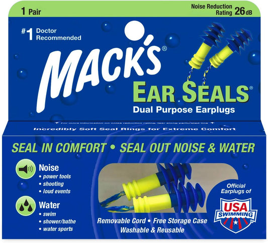 Mack’s Ear Seals Earplugs, 1 Pair with Detachable Cord - 26db High NRR - Dual Purpose Comfortable Ear Plugs for Noise Reduction and Blocking Water