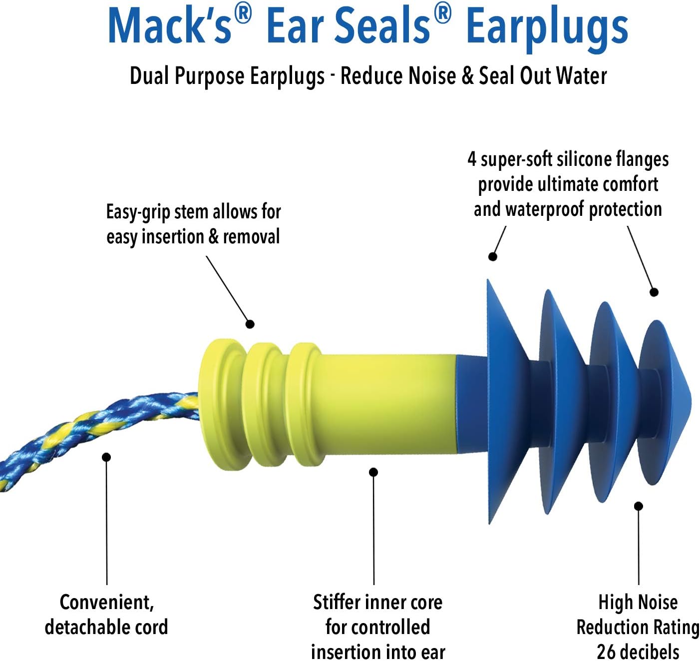 Mack’s Ear Seals Earplugs, 1 Pair with Detachable Cord - 26db High NRR - Dual Purpose Comfortable Ear Plugs for Noise Reduction and Blocking Water