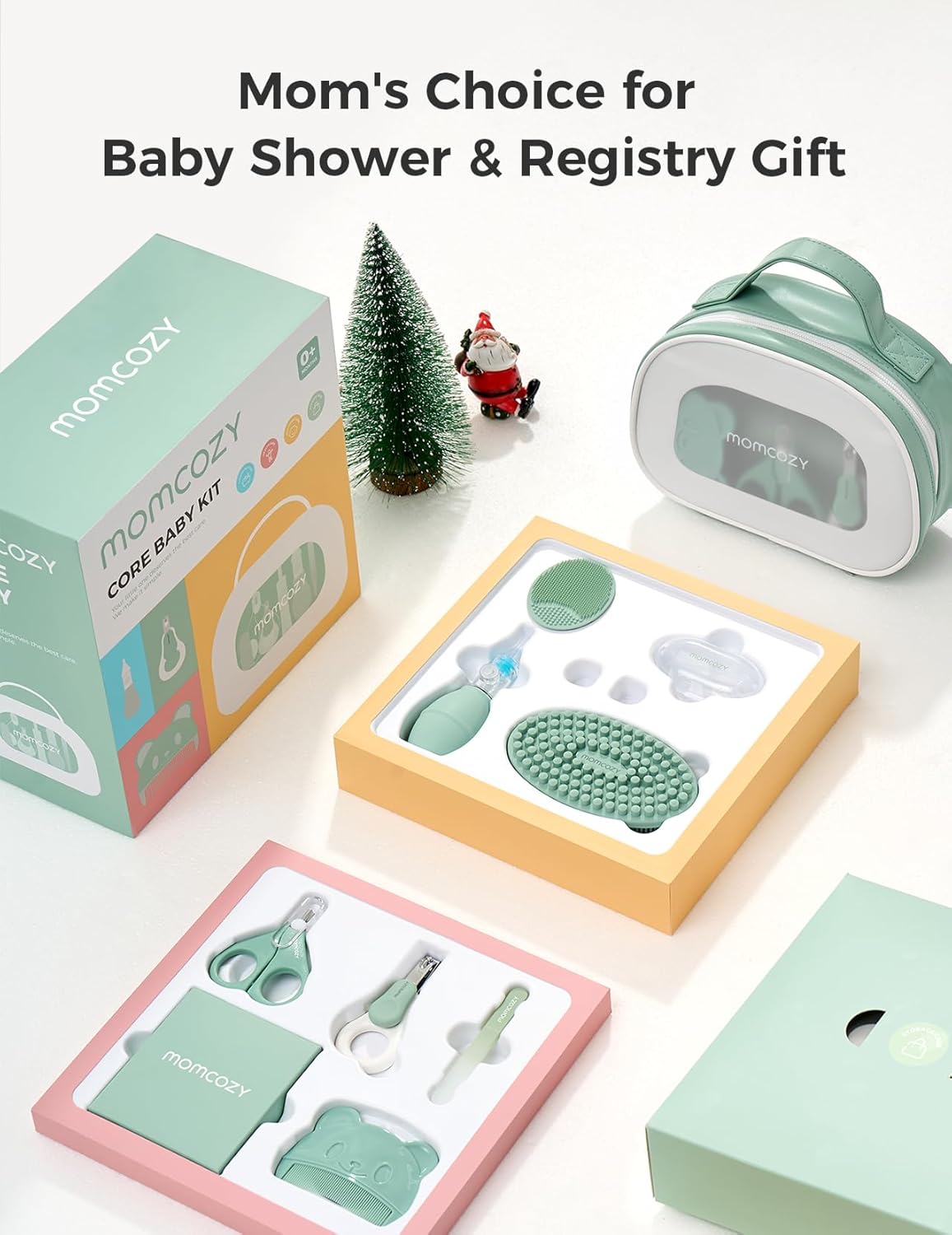 Momcozy Core Baby Kit, Baby Shower & Registry Essential Kit for Grooming&Health&Cleansing Care, Includes Nail File Kits, Nasal Aspirator, Gas Relief Tubes, Bath Brushes, Toothbrush, Comb, Storage Case - Adenzo Comfies