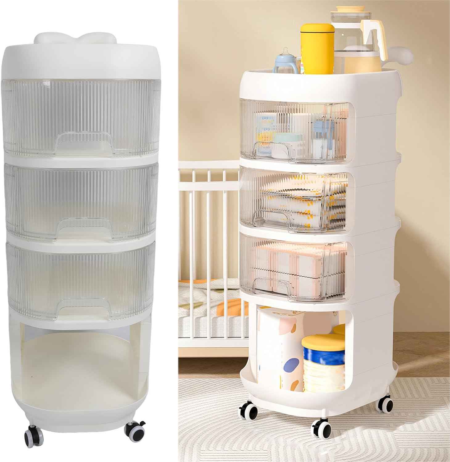 4 Tier Storage Rack on Wheels, Drawer Storage Cart with Transparent Drawers, Multi-purpose Rolling Storage Rack, Compact Structure, Ideal for Baby Supplies