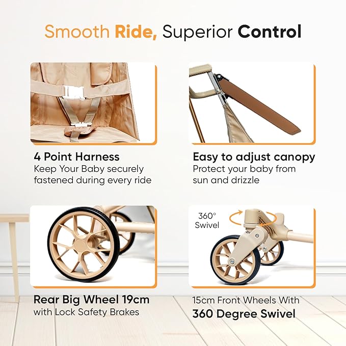 Baby Stroller for 2-7 Years |Safety Harness|Lightweight Travel Stroller with Wide Seat, Big Wheels, Compact Fold, High Weight Capacity, Adjustable Sunshade|Beige & Gold