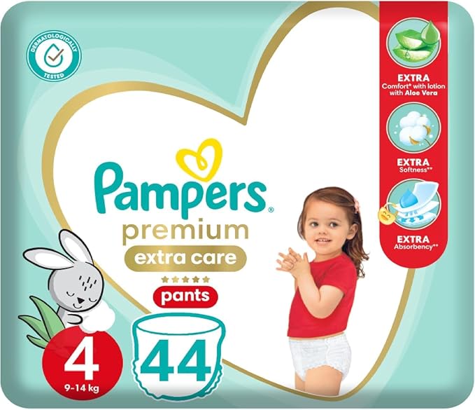 Pampers Premium Extra Care Pants, Size 4, 9-14kg, with lotion with aloe vera, 44 diapers. - Adenzo Comfies