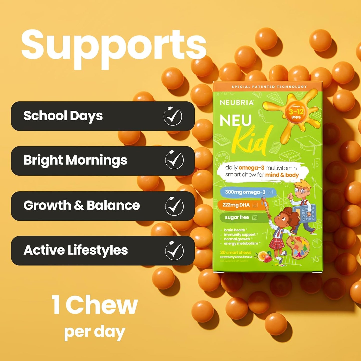 NEUBRIA NEU Kid Multivitamin & Omega-3 - Children Vitamins A, C, D, E, B Complex & Fish Oil for Kids - Sugar-Free Natural Soft Chews for Daily Wellness - UK Made, 30 Chewables