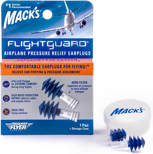 Mack’s Flightguard Airplane Pressure Relief Earplugs – 26dB NRR, 33dB SNR – Comfortable, Safe, Travel Ear Plugs for Flying Air Pressure Ear Pain, Ear Popping and Noise Reduction