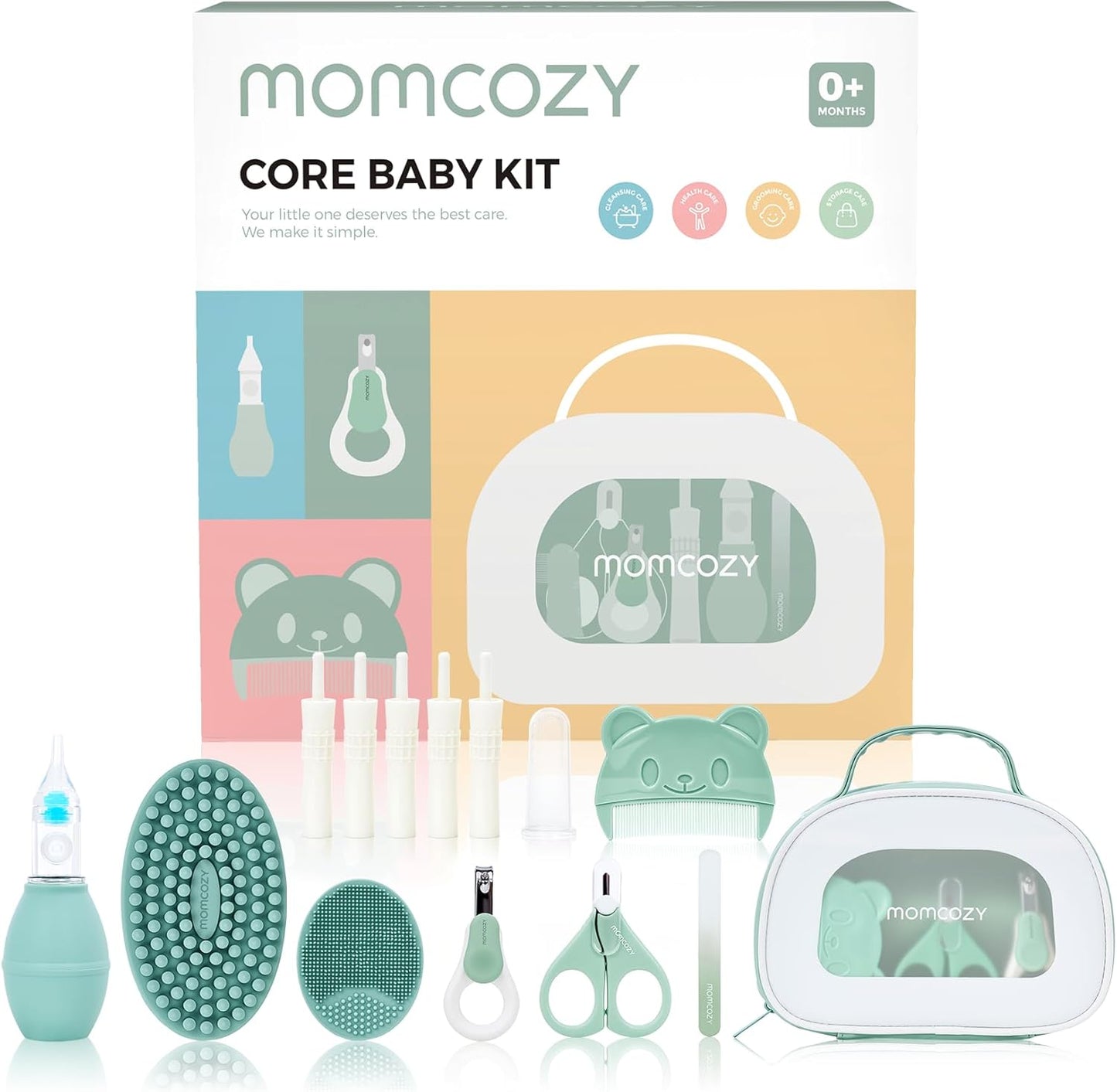Momcozy Core Baby Kit, Baby Shower & Registry Essential Kit for Grooming&Health&Cleansing Care, Includes Nail File Kits, Nasal Aspirator, Gas Relief Tubes, Bath Brushes, Toothbrush, Comb, Storage Case - Adenzo Comfies