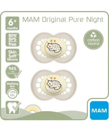 MAM Original Pure Night Soother 6+ Months (Set of 2) Sustainable and Bio-Renewable Baby Soother SkinSoft Silicone Teat Glow in the Dark Soother Cream - Adenzo Comfies