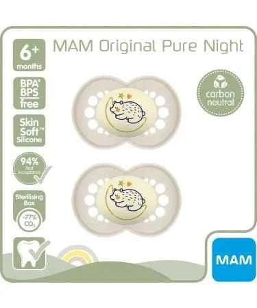 MAM Original Pure Night Soother 6+ Months (Set of 2) Sustainable and Bio-Renewable Baby Soother SkinSoft Silicone Teat Glow in the Dark Soother Cream