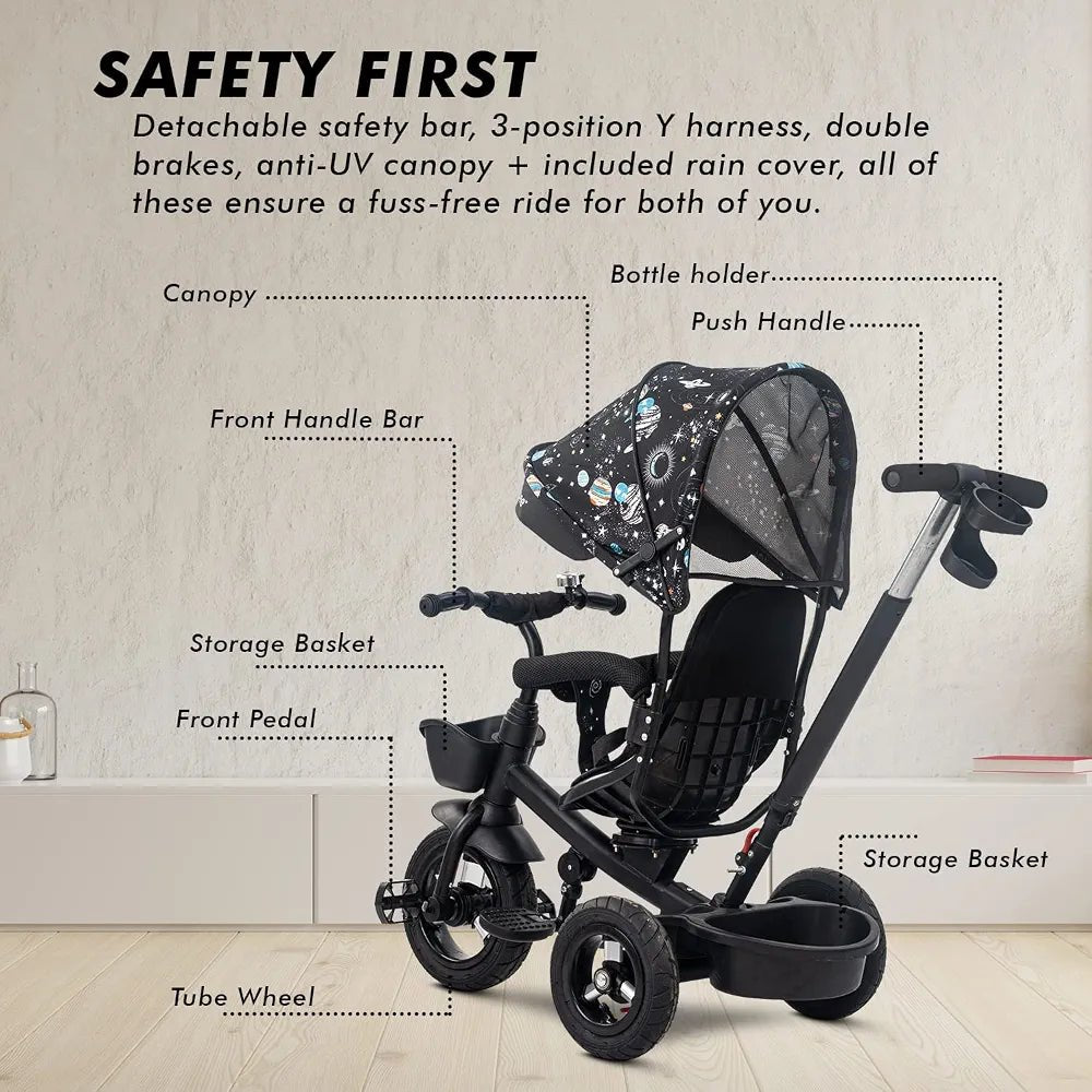 BB-228 Children’s Tricycle for Toddlers, Black, Durable Three-Wheel Ride-On Bike with Safety Seat, Music Function, and Push Handle – Ages 1–4 Years - Adenzo Comfies