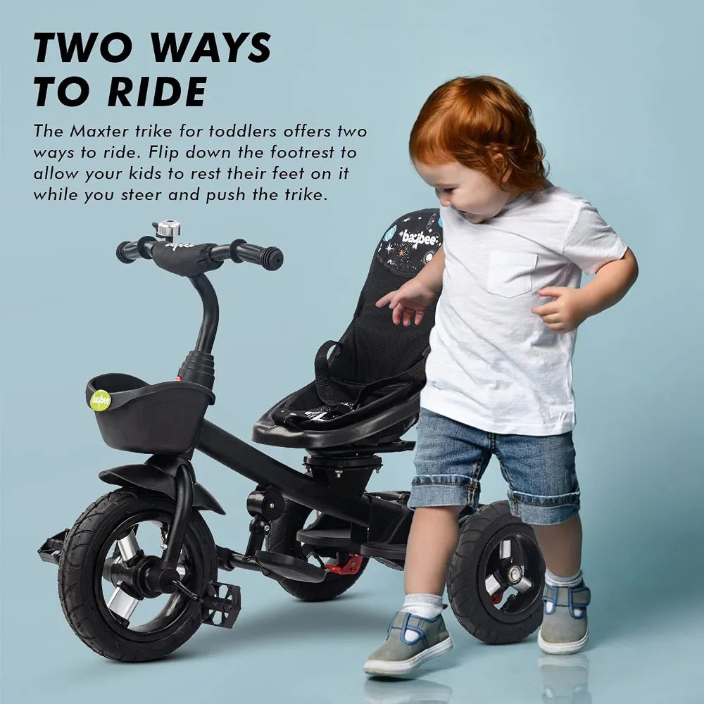 BB-228 Children’s Tricycle for Toddlers, Black, Durable Three-Wheel Ride-On Bike with Safety Seat, Music Function, and Push Handle – Ages 1–4 Years - Adenzo Comfies