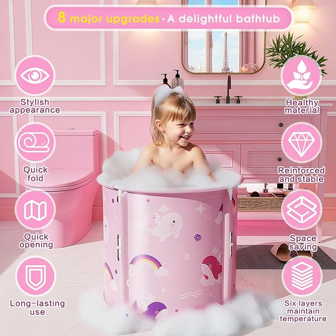 Portable Bathtub, Foldable Bathtub for Kids, Therapy Tub for Shower Stall Bathroom ,Blue and Pink
