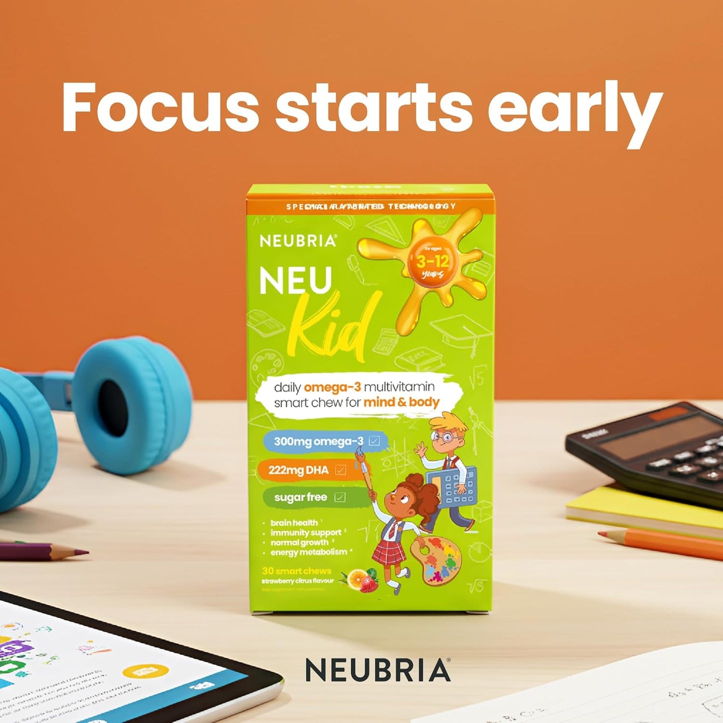 NEUBRIA NEU Kid Multivitamin & Omega-3 - Children Vitamins A, C, D, E, B Complex & Fish Oil for Kids - Sugar-Free Natural Soft Chews for Daily Wellness - UK Made, 30 Chewables