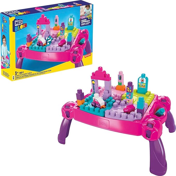 MEGA BLOKS First Builders Toddler Blocks Toy, Build 'n Learn Portable Activity Table with 30 Pieces and Built-In Storage, Kids Ages 1+ Years
