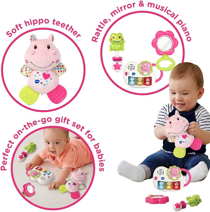 VTech My First Gift Set, Newborn Baby Toys Including Hippo Animal Plush, Baby Teether, Baby Rattle & Baby Musical Toy, 0, 6, 12 Months and Over for Boys & Girls, Pink