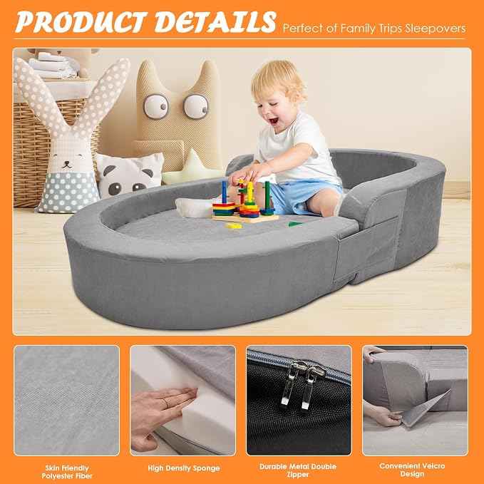 SUNYRISY Portable Toddler Travel Bed, 2-in-1 toddler floor bed, kids Travel Bed Sofa Chair toddler travel cot , Foldable Toddler Camping Bed. - Adenzo Comfies