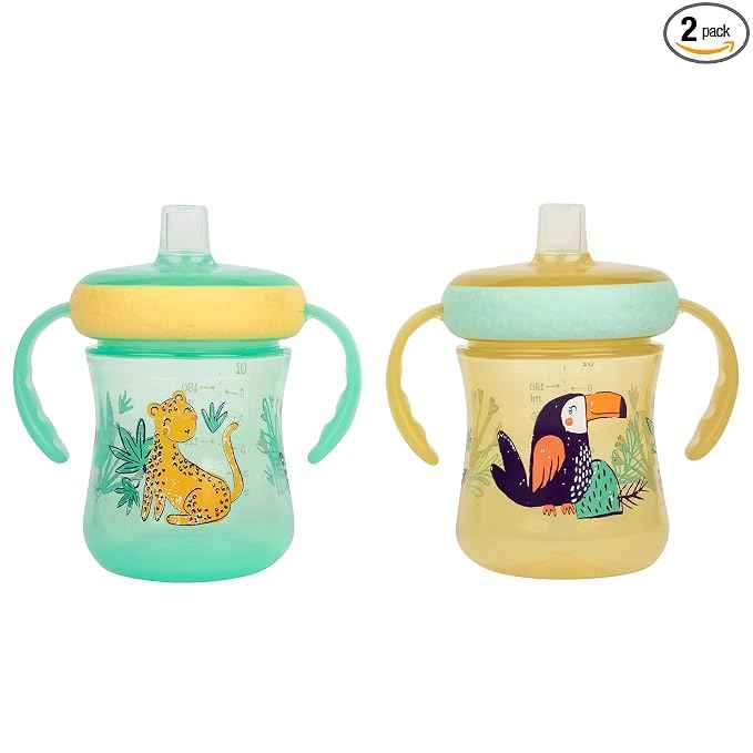The First Years Soft Spout Trainer Toddler Cups - Leopard and Toucan -Jungle Themed Trainer Sippy Cups for Toddlers - 2 Count - Adenzo Comfies