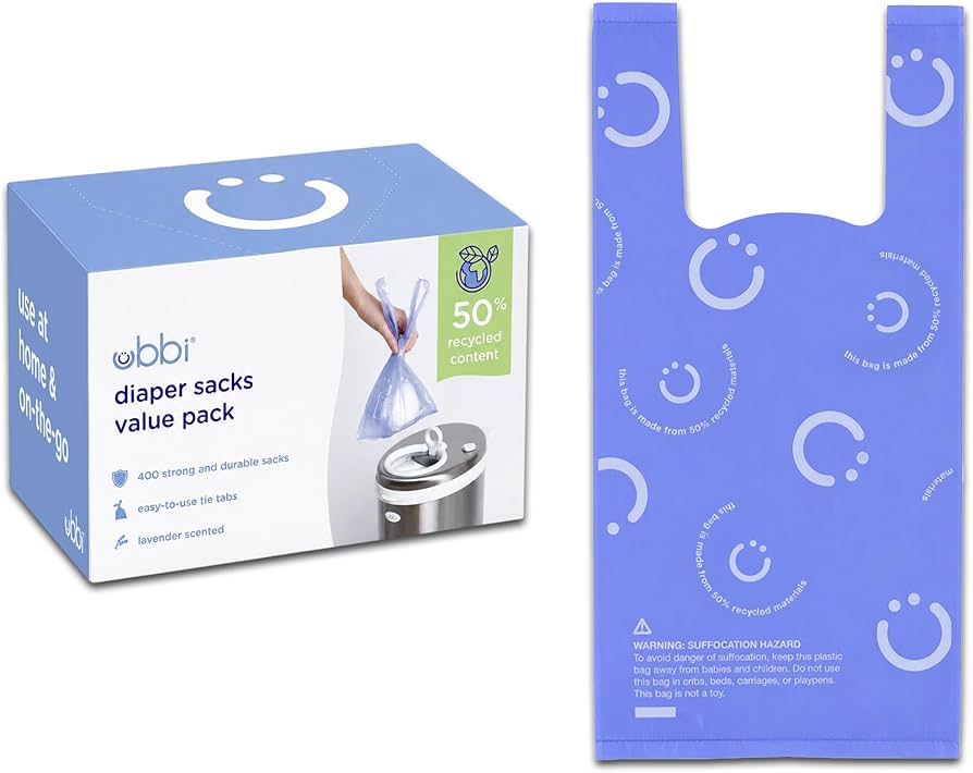 Ubbi Disposable Baby Diaper Sacks, Lavender Scented, 400 Count | Easy-To-Tie Tabs, Made from 50% Recycled Material, Disposable On-The-Go Bags, Diaper Bag and Travel Essential.