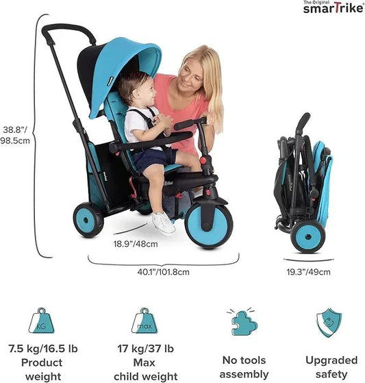 Smartrike STR3 6 - in - 1 Foldable Child Tricycle with Stroller Certification – Adjustable Push Trike for Ages 1–3 Years (Pink & Blue) - Adenzo Comfies