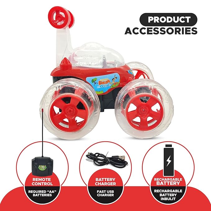 Remote Control Rechargable 360 Degree Twisting Stunt Car with Music & Lights and Charger for Kids - Adenzo Comfies