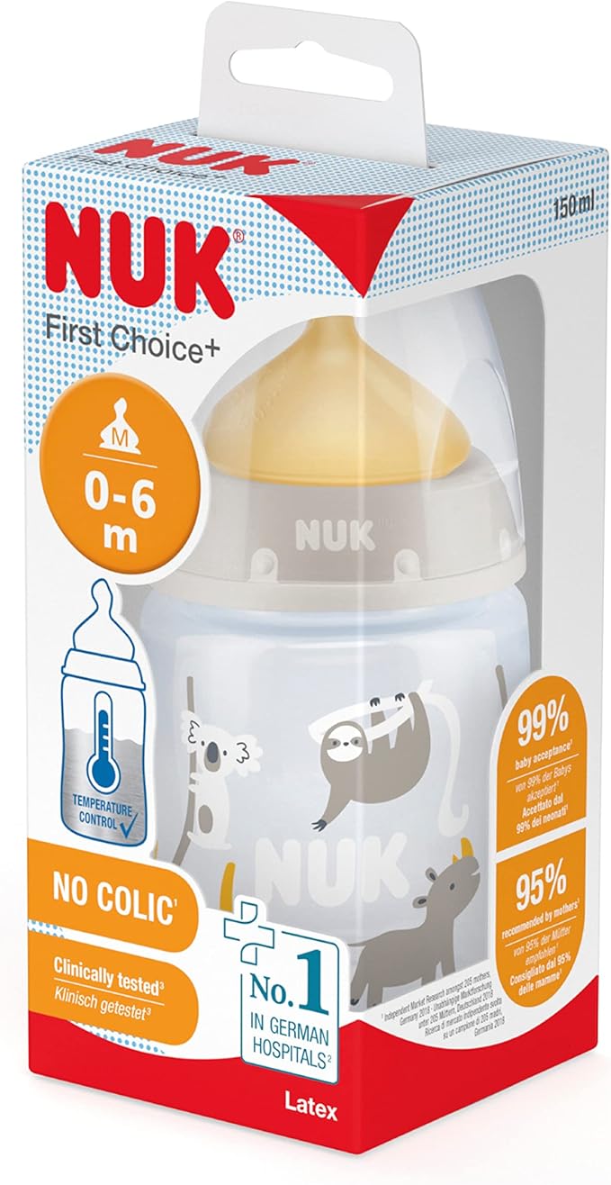 NUK First Choice+ Baby Bottle | 0 - 6 Months | Temperature Control | Anti Colic Vent | 150 ml | BPA - Free | Latex Teat - Adenzo Comfies