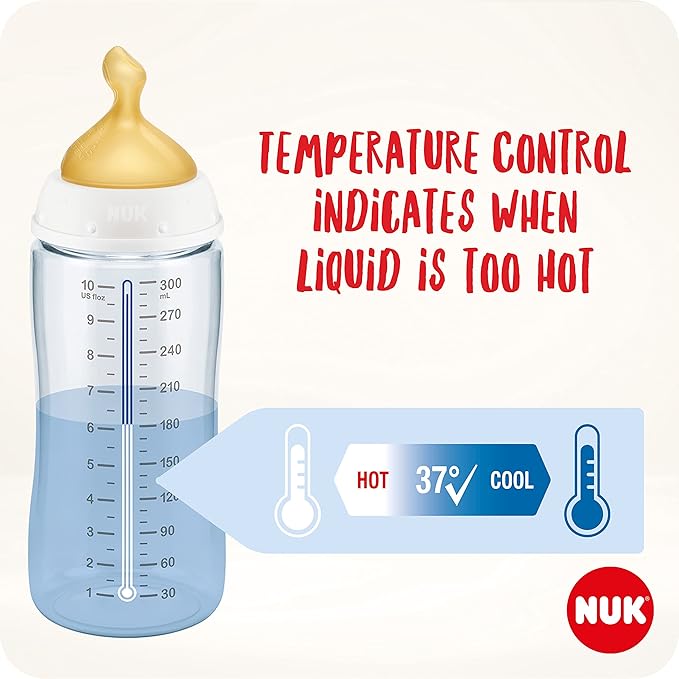 NUK First Choice+ Baby Bottle | 0 - 6 Months | Temperature Control | Anti Colic Vent | 150 ml | BPA - Free | Latex Teat - Adenzo Comfies
