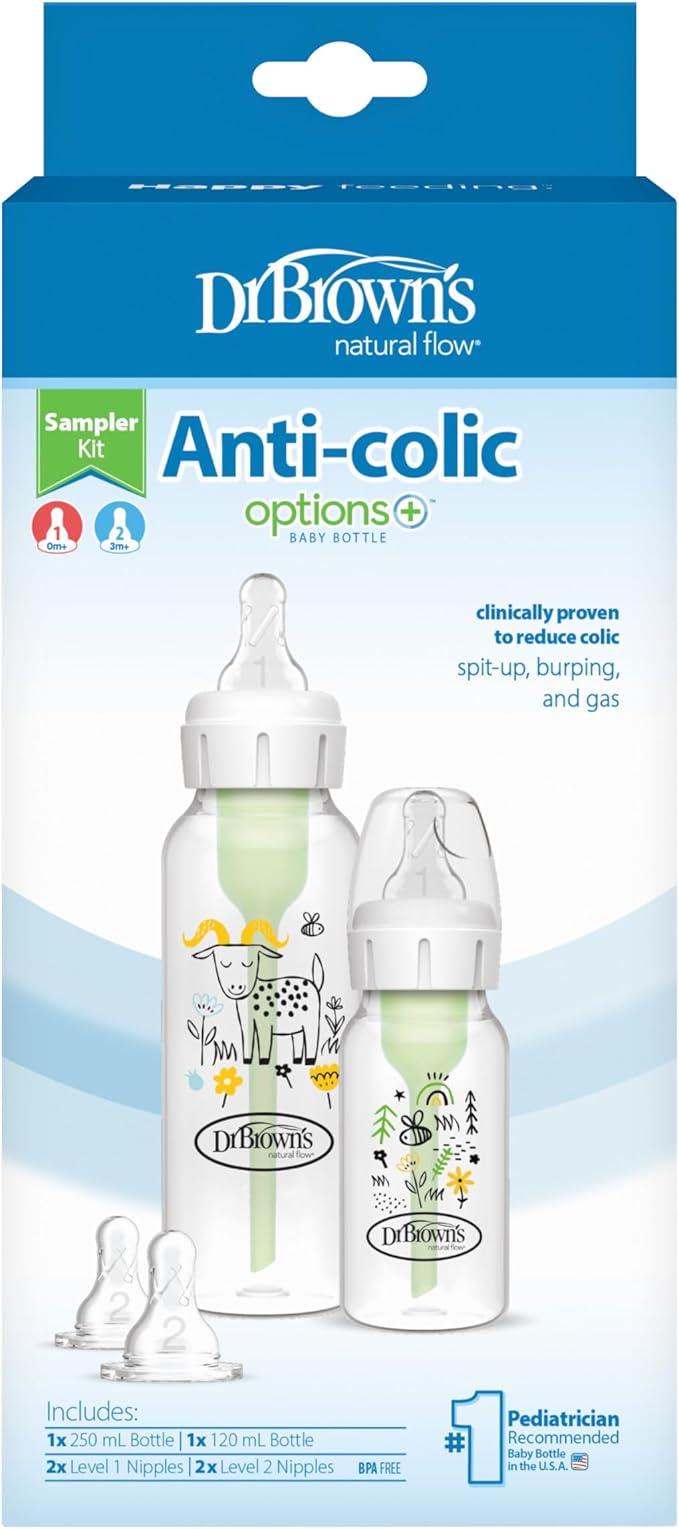 Dr Brown's Natural Flow Anti - Colic Options+ Narrow Baby Bottle, Sampler Kit, 1x 4oz/120ml Bottle & 1x 8oz/250ml Bottles with Level 1 Slow Flow Teat, Kit Also Includes 2X Level 2 Medium Flow Teats - Adenzo Comfies