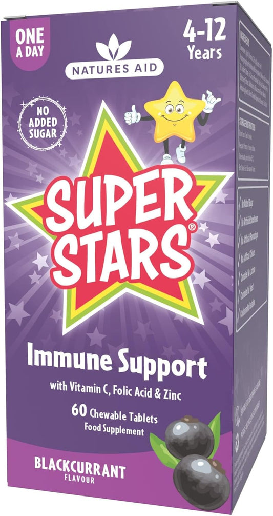 Natures Aid Super Stars Immune Support Chewables for Kids Aged 4-12 – Vitamin C, Zinc, Elderberry & Folic Acid – Supports Immunity, Growth & Energy – Natural Fruit Flavour, Vegan – 60 Tablets
