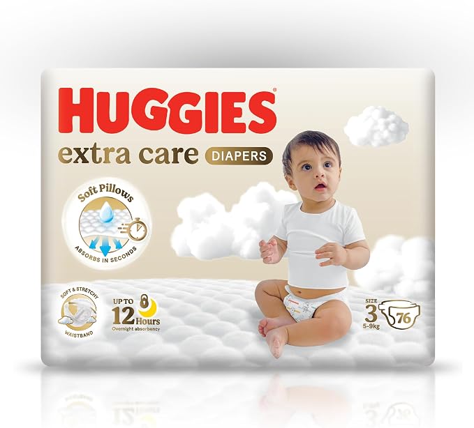 Huggies Extra Care Baby Diapers, Size 3 (5-9 kg), Jumbo Pack, 76 Diapers